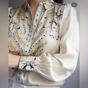 Sezane Cream and Black Embroidered Blouse